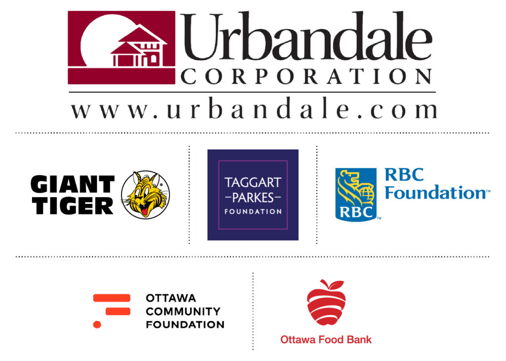 Logos of Urbandale Corporation, Giant Tiger, Taggart Parkes Foundation, RBC Foundation, Ottawa Comminity Foundation & Ottawa Food Bank - The Urbandale Logo is the largest.